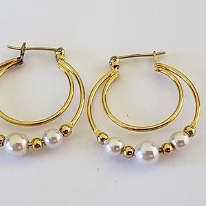 Napier Yellow Gold tone Hoop Earrings Pearl Balls